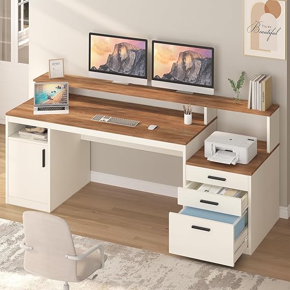 Computer Desk with 3 Drawer Storage Shelves and File Cabinet