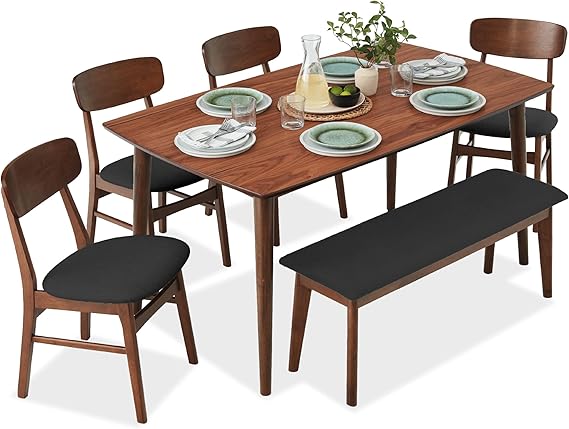6-Piece Wooden Dining Set with Upholstered Chairs and Bench