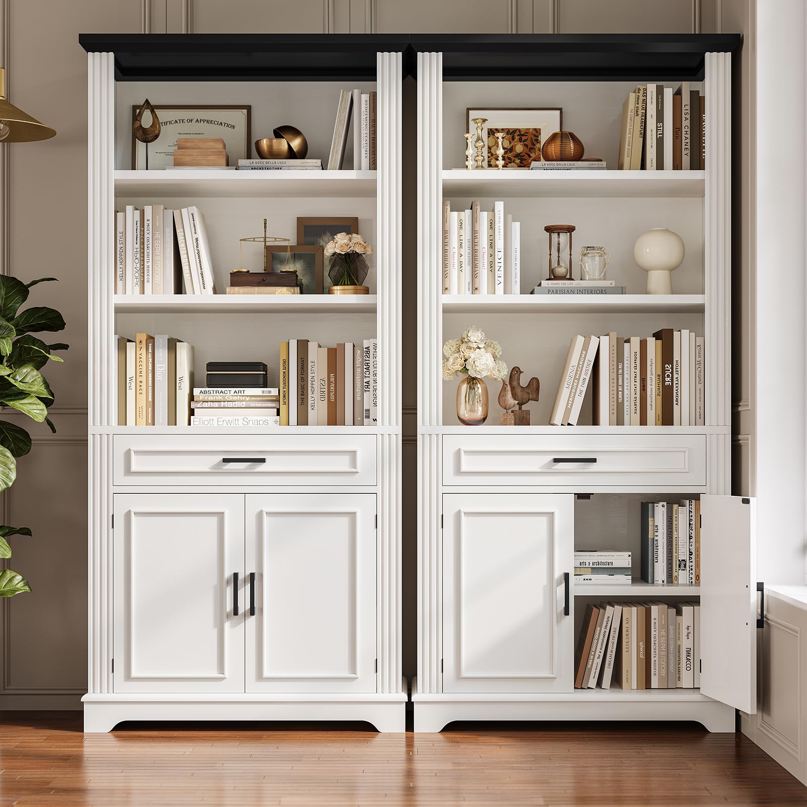 6-Tier Farmhouse Bookcase with Doors and Drawer