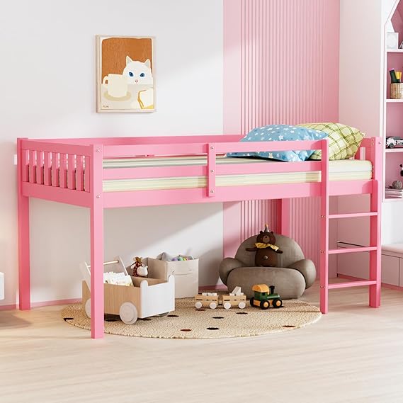 Twin Loft Bed Frame with Guardrail and Ladder