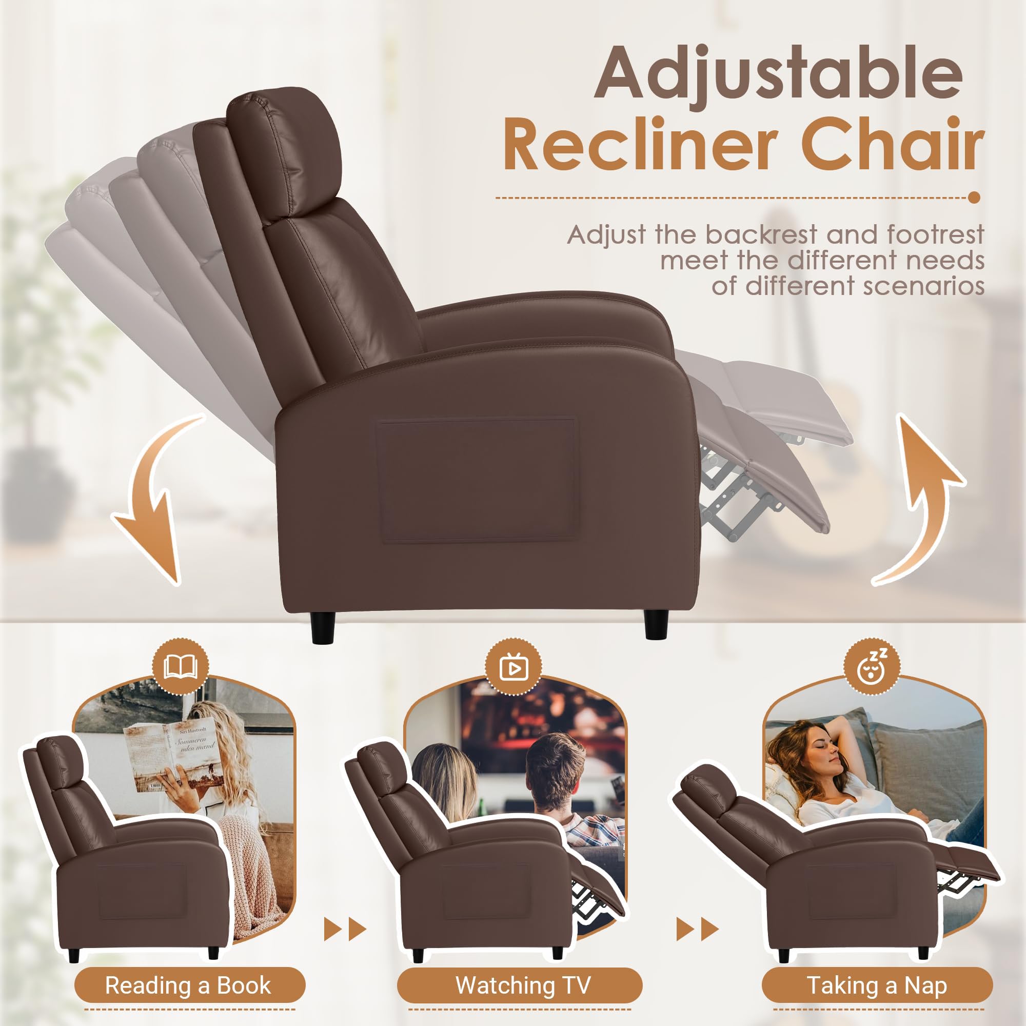 Rankok Recliner Chair Modern PU Leather Reclining Chair Ergonomic Adjustable Recliner for Living Room Home Theater Seating Single Sofa (Brown)