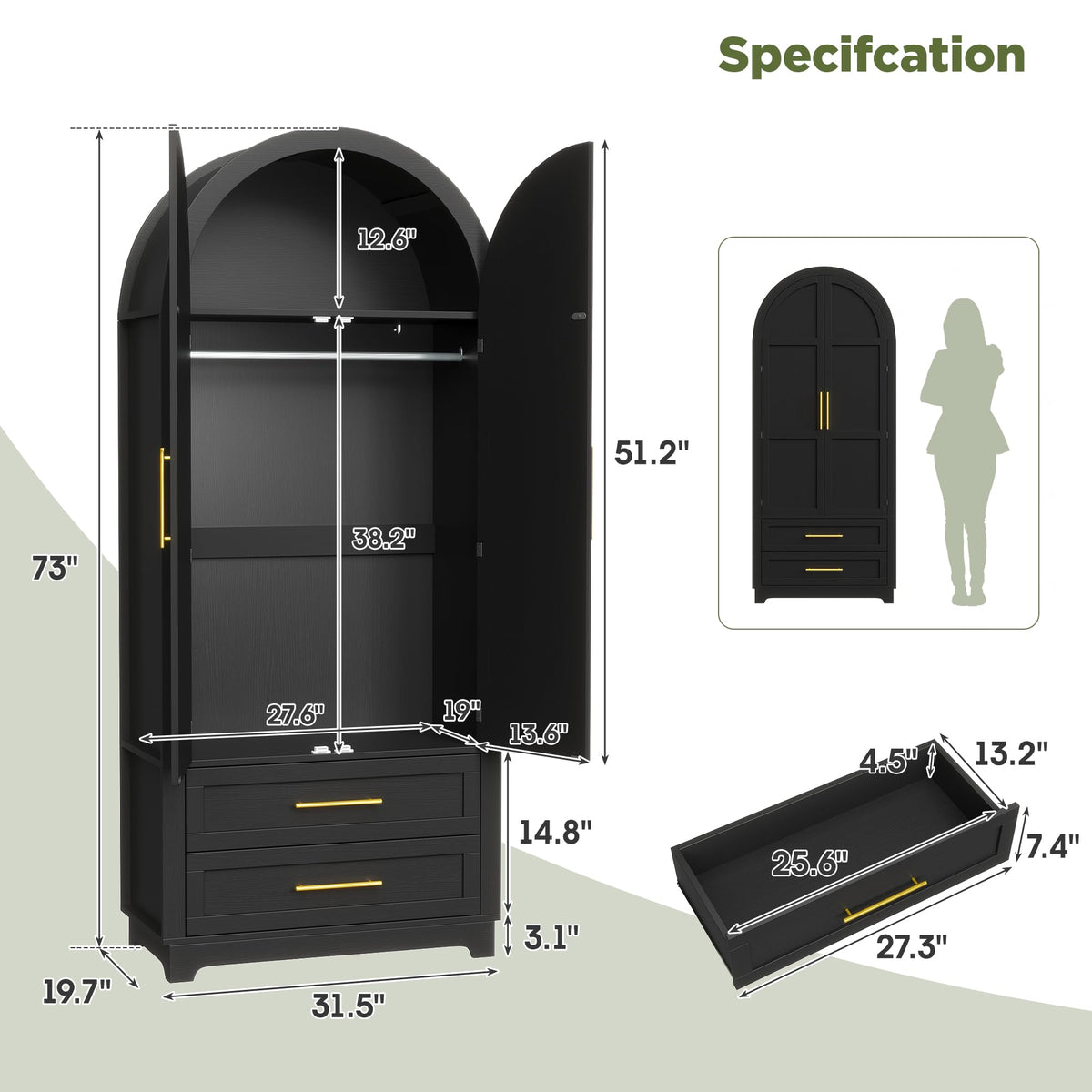 Modern Wardrobe Closet with 2 Drawers and Arched Doors