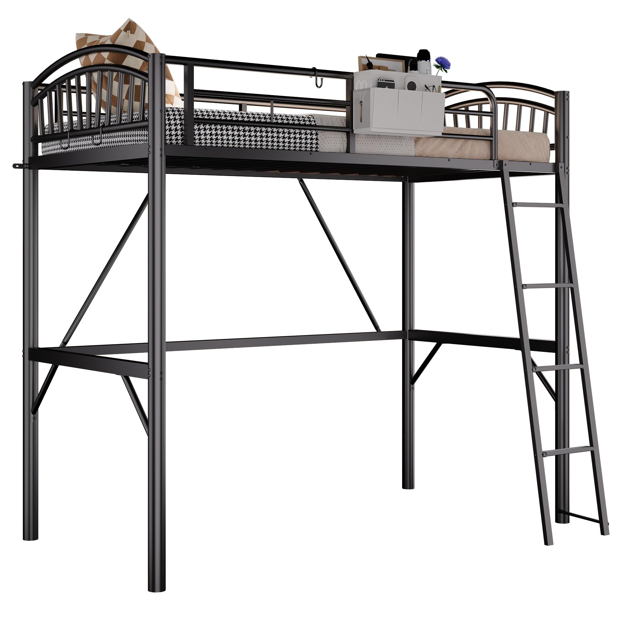 Metal Loft Bed Twin Size with Bedside Caddy and Convertible Ladder