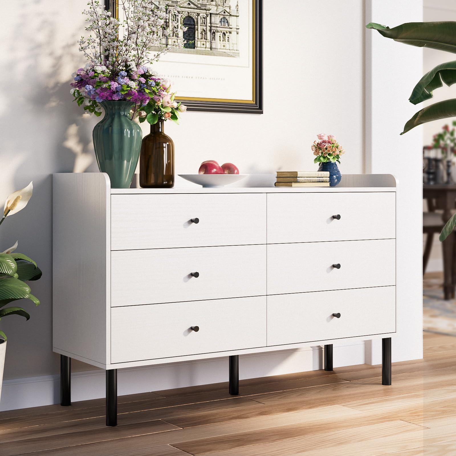 6 Drawer Dresser with Wide Drawer and Metal Handles