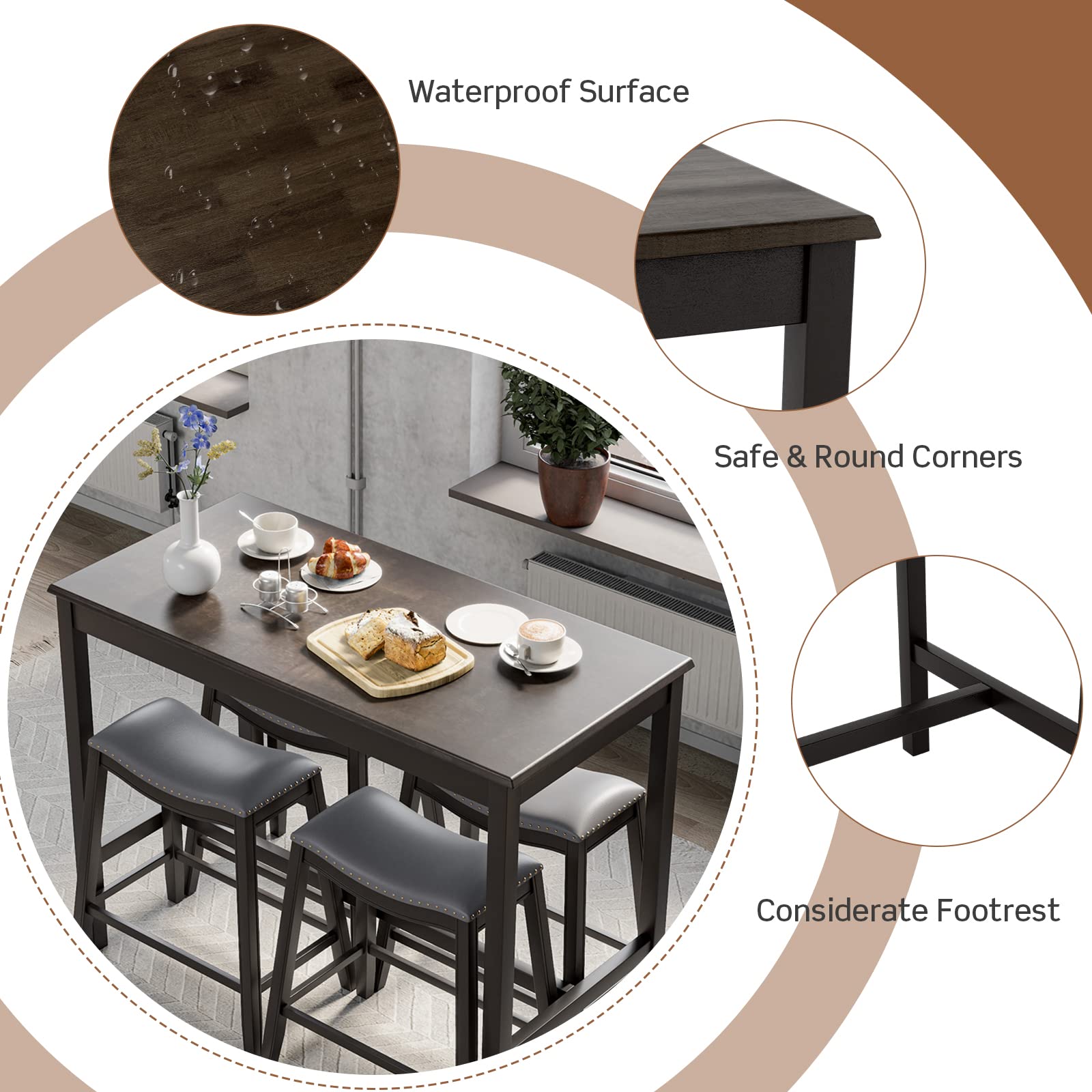 5-Piece Counter Height Dining Set with Saddle Stools