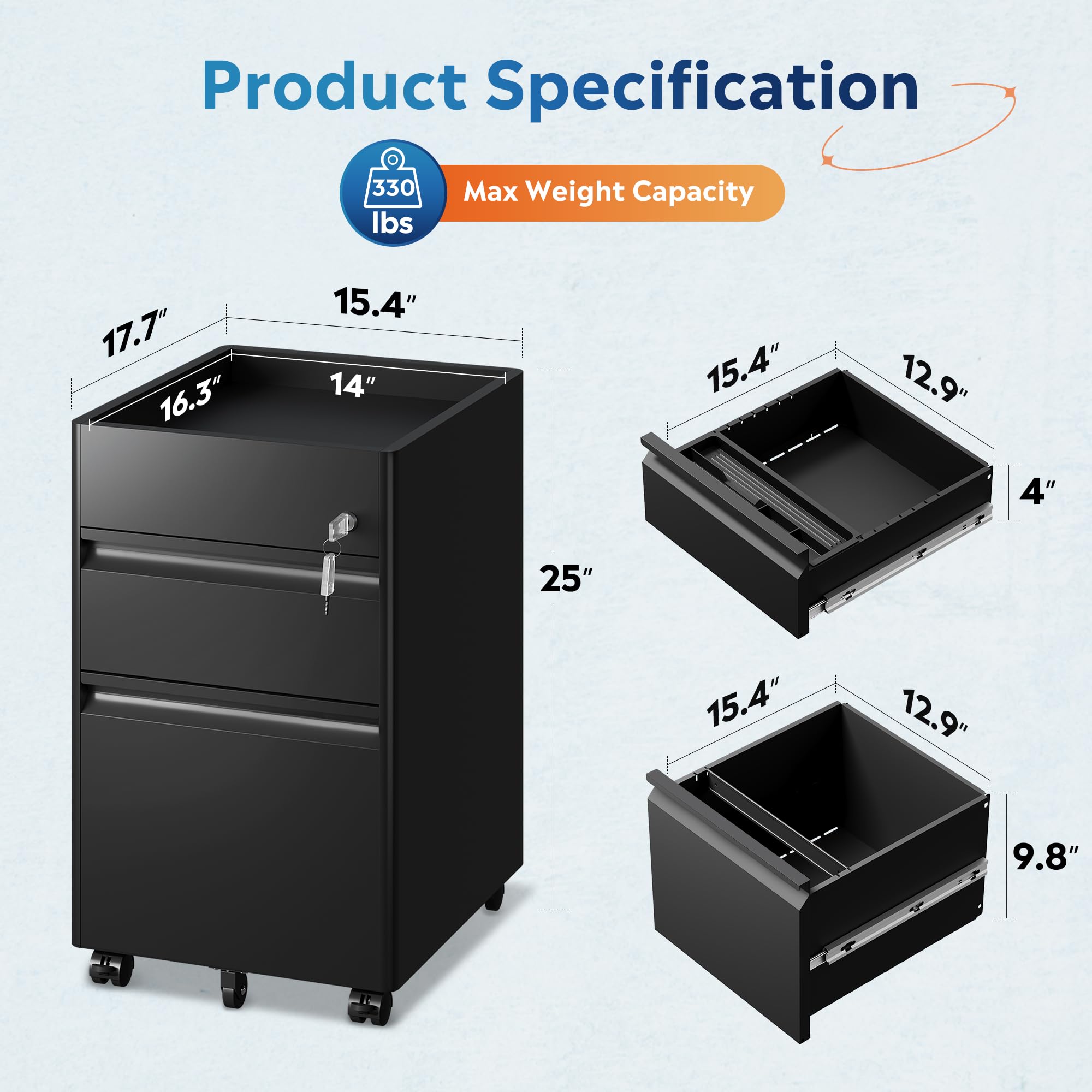 2-Drawer Locking File Cabinet with Wheels