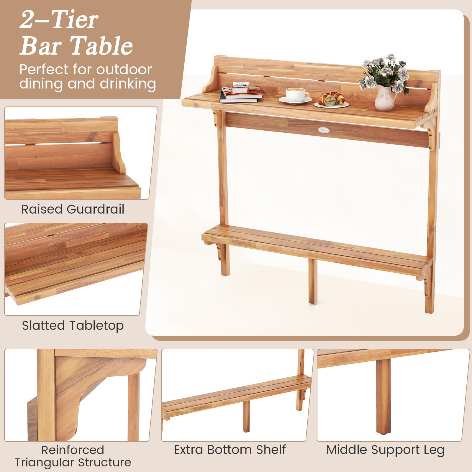3-Piece Acacia Wood Balcony Bar Set with Stools