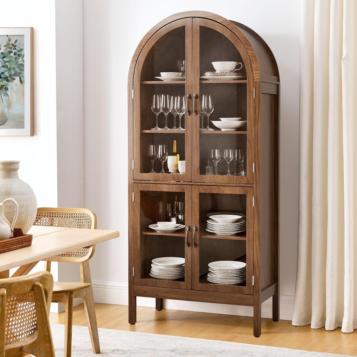 Arched Kitchen Pantry Cabinet with Glass Doors