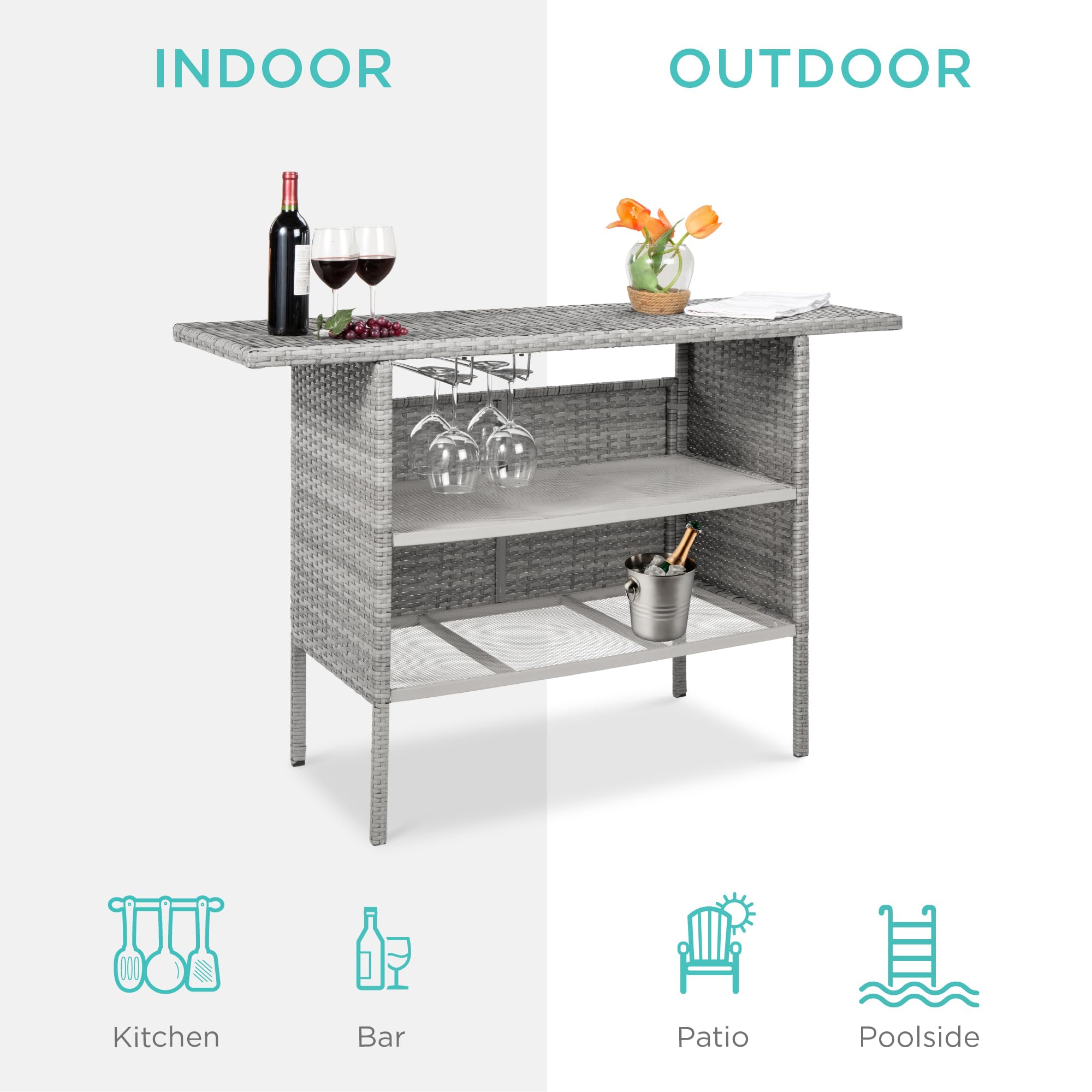 Outdoor Patio Wicker Bar Counter Table with Storage Shelves