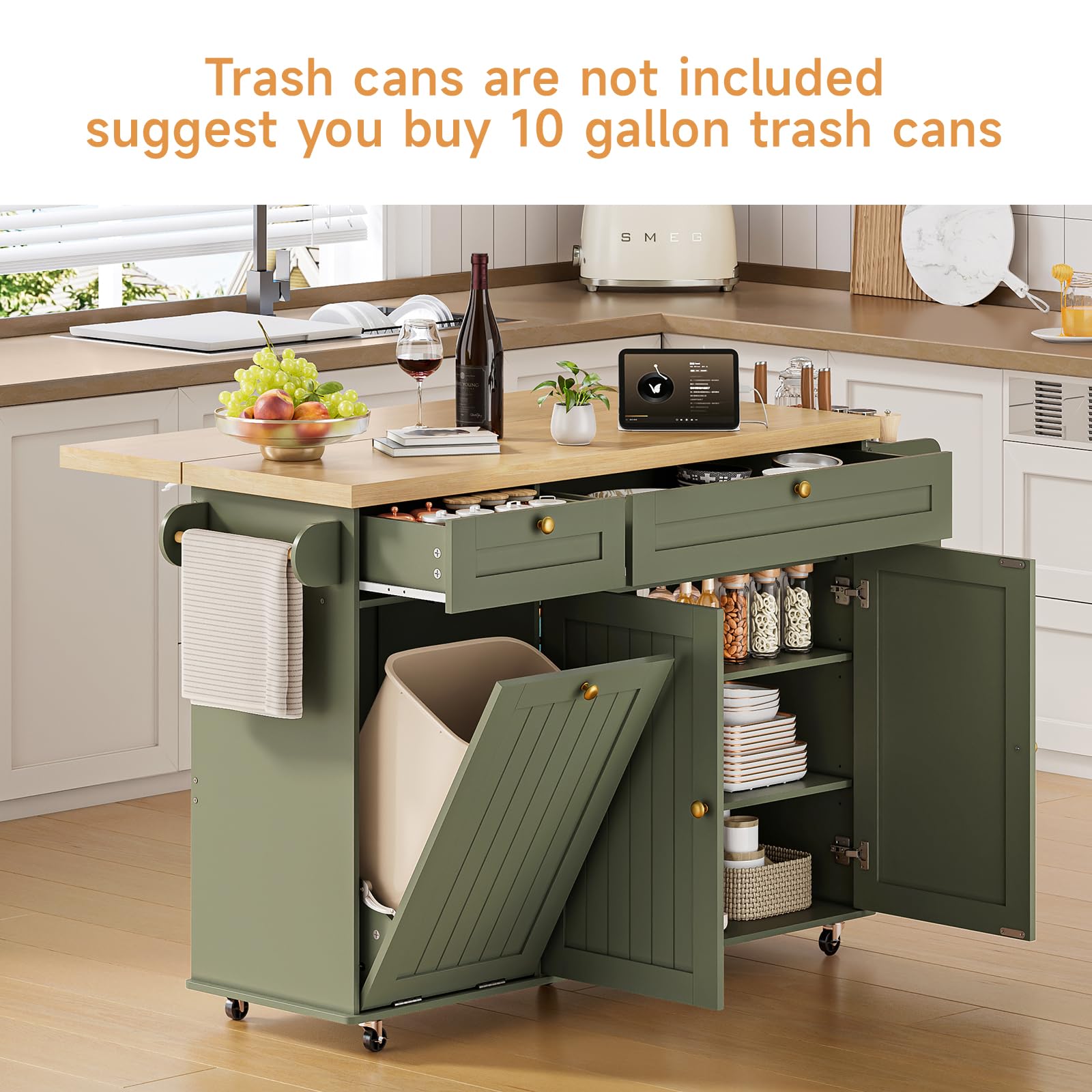 Kitchen Island with Power Outlet and Drop Leaf