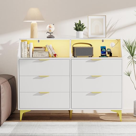 6 Drawer Dresser with LED Light and Charging Station