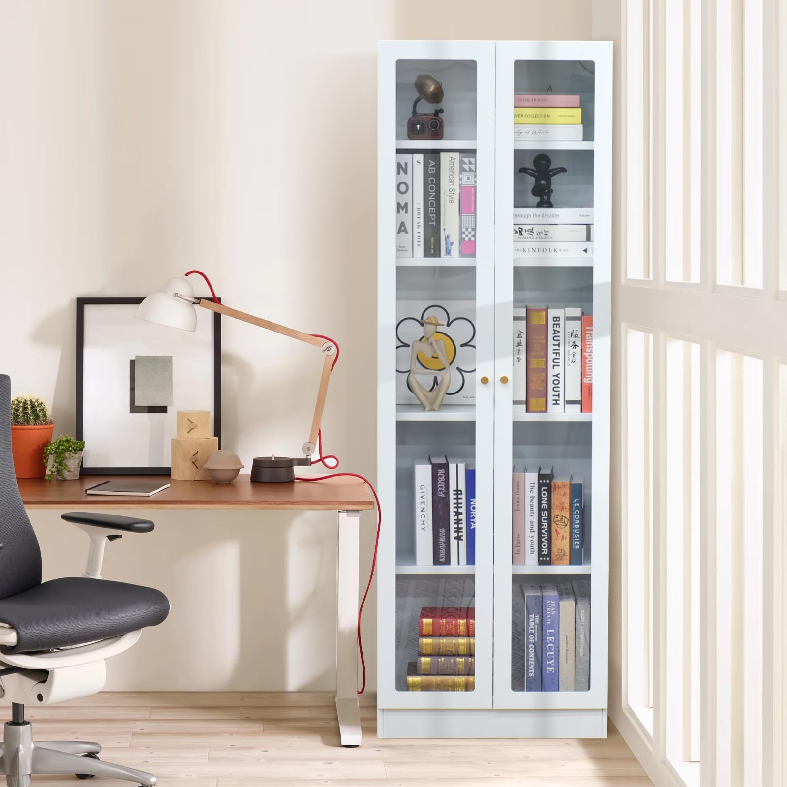 Modern Display Cabinet with Doors - 5-Tier Tall Bookcase