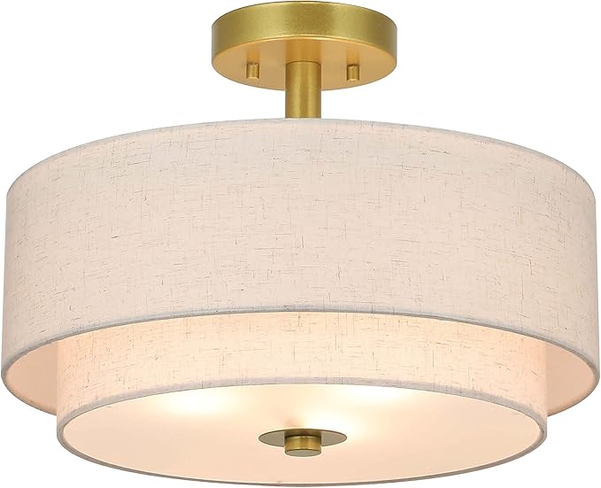 Drum Semi Flush Mount Ceiling Light - 3 Light Fixture with Fabric Shade