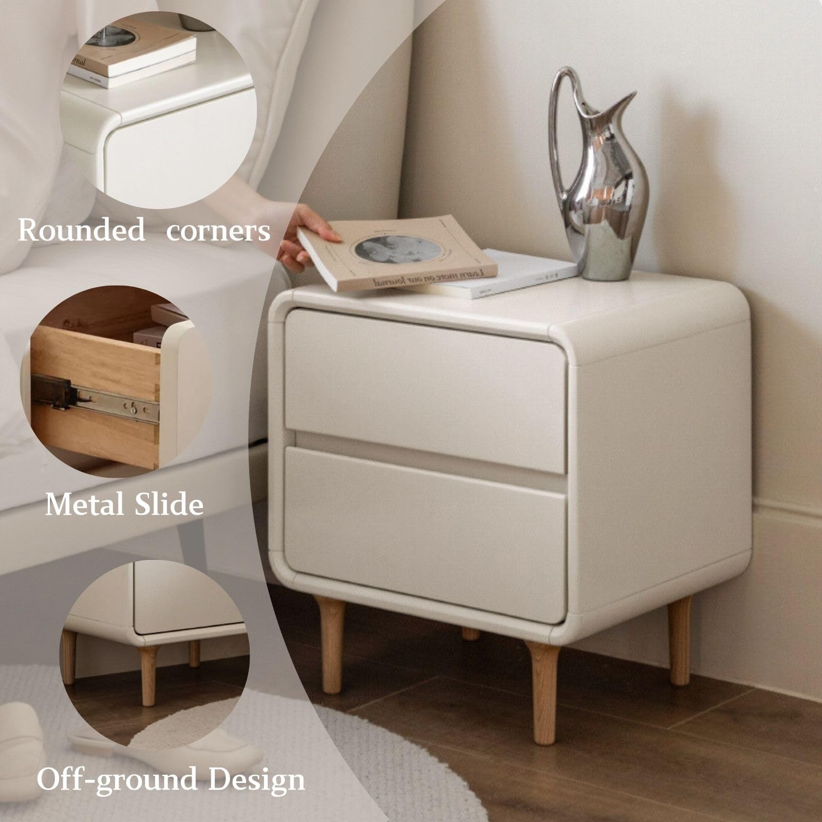 White Solid Wood Nightstand with 2 Drawers