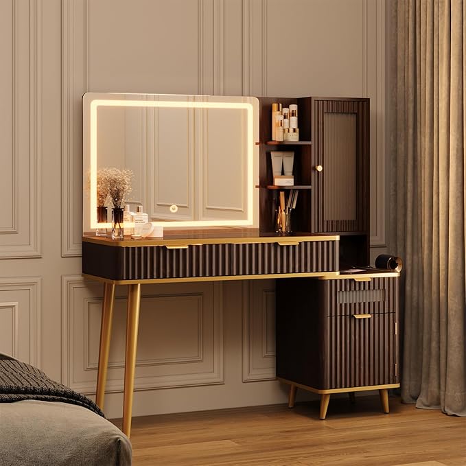 48" Fluted Makeup Vanity Desk with Mirror and Lights