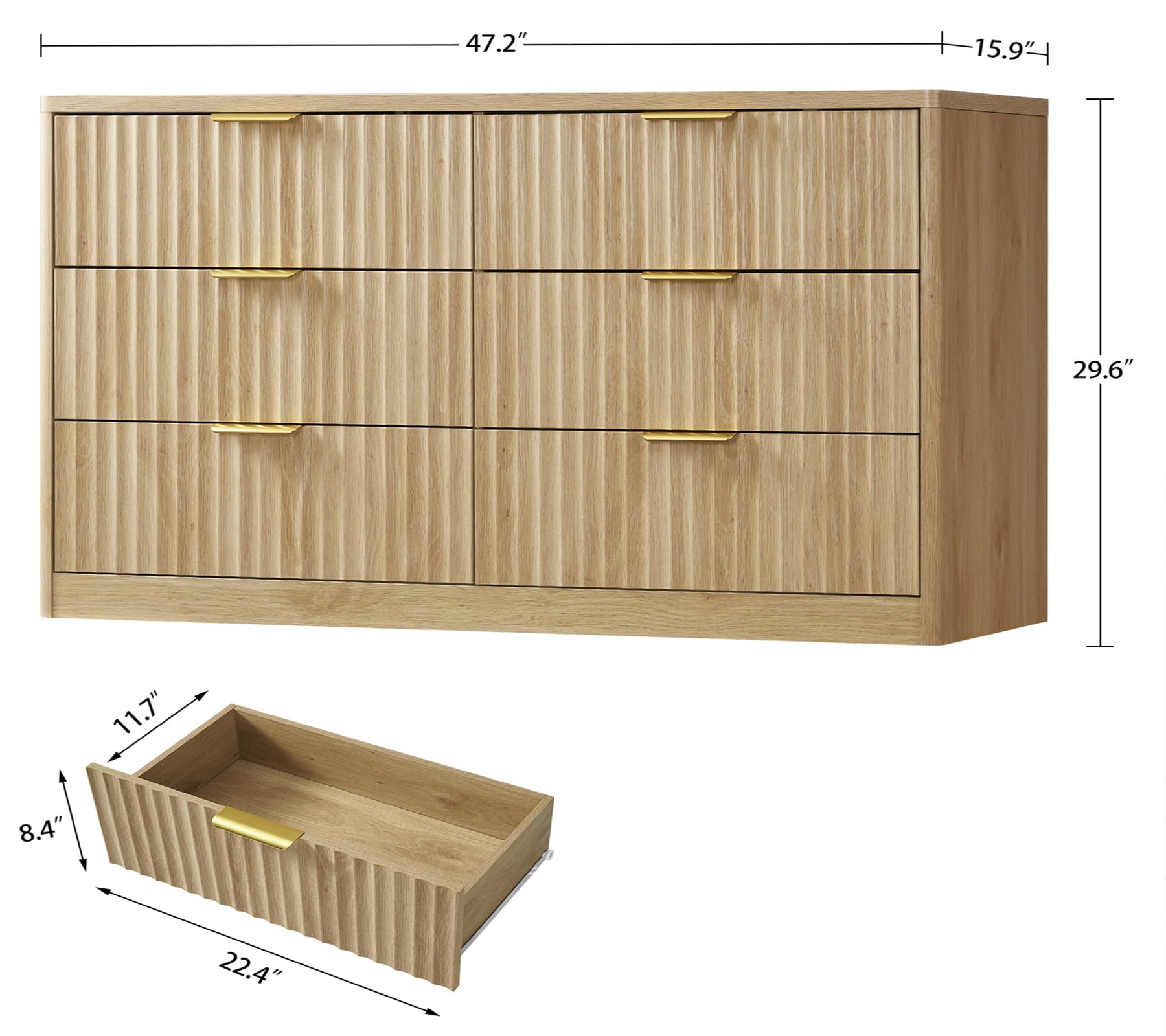 Fluted 6-Drawer Dresser with Metal Handles