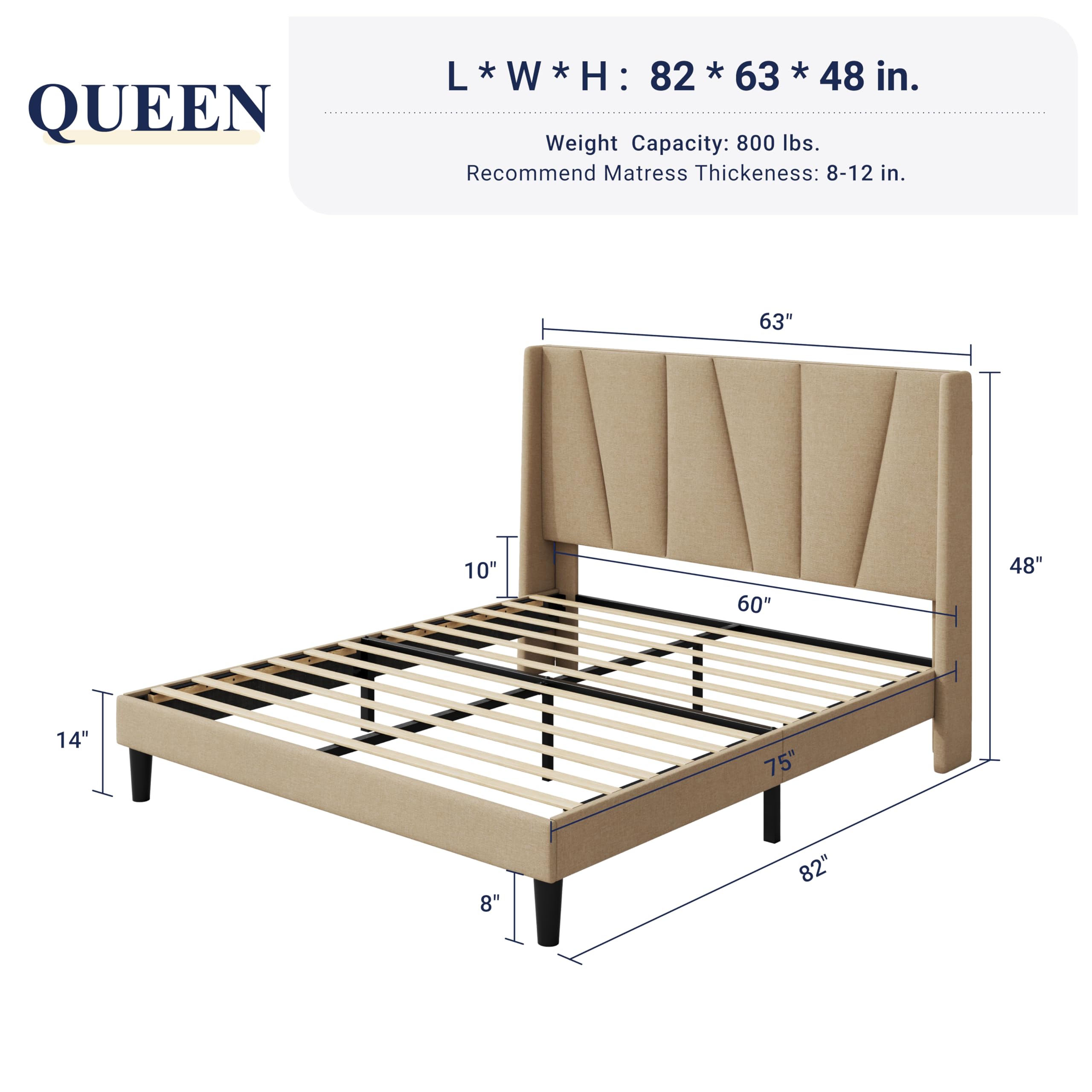 Queen Platform Bed Frame with Geometric Wingback Headboard