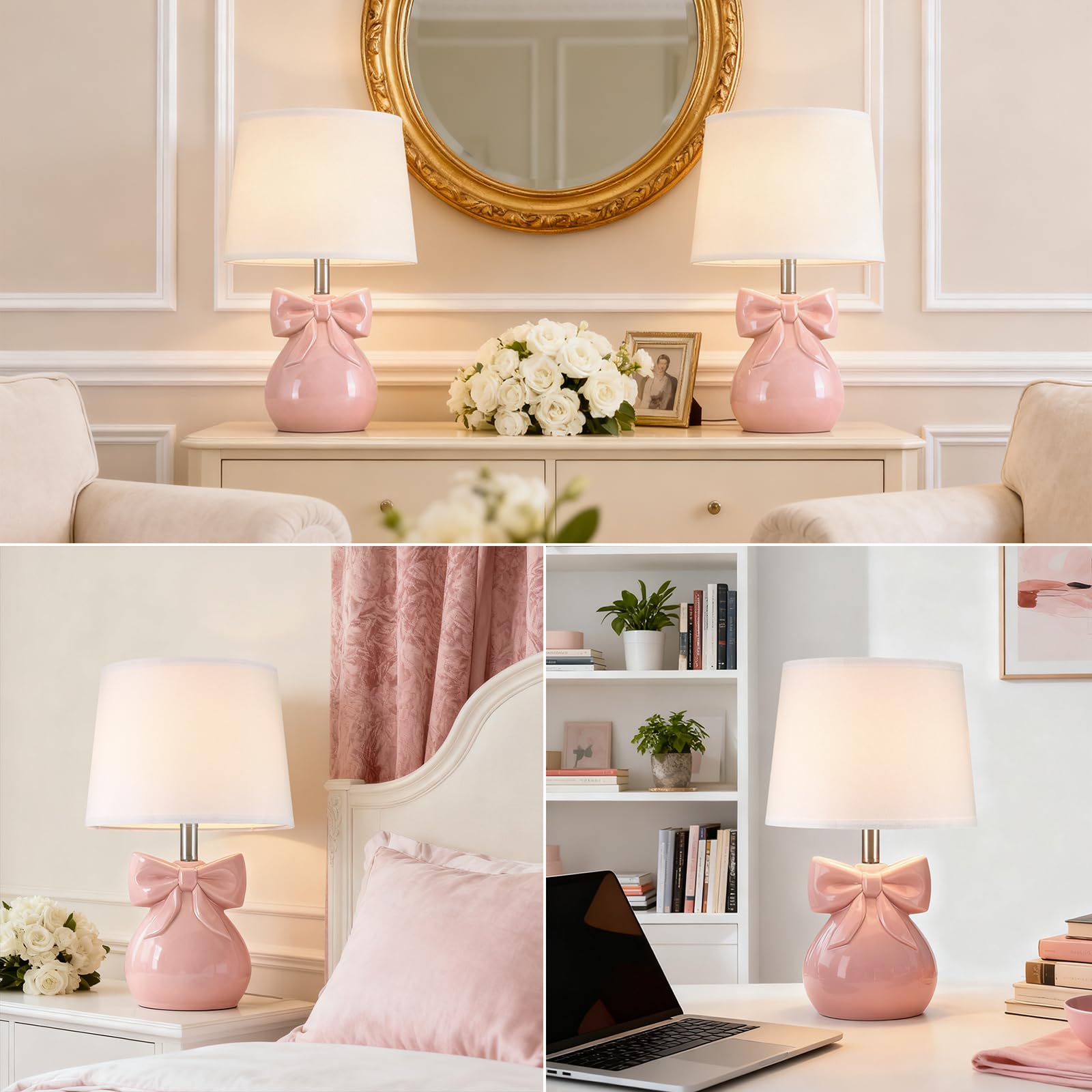 Pink Bow Ceramic Table Lamps Set of 2 - 19" Bedside Lamps with Bulbs