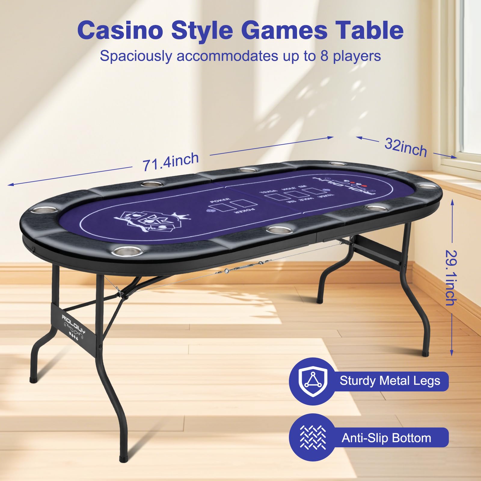 8 Player Folding Poker Table with Cup Holders