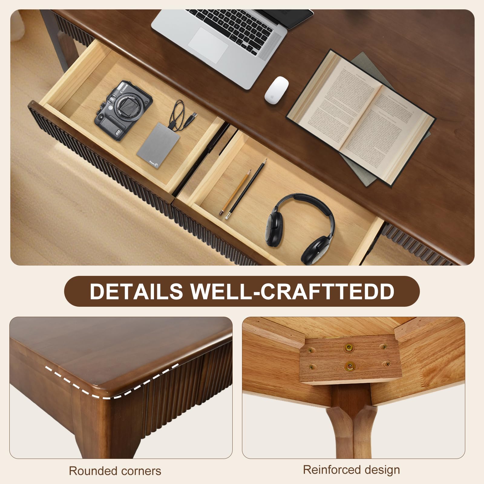 Solid Wood Writing Desk with 2 Drawers
