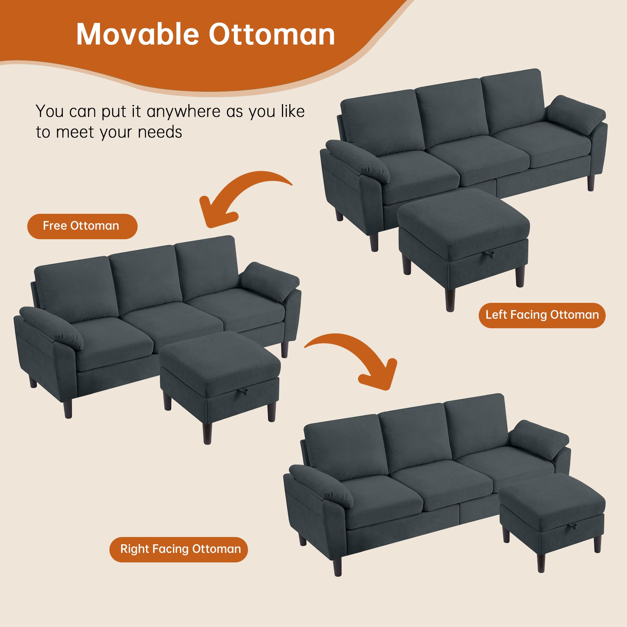 Convertible Sectional Sofa with Movable Ottoman