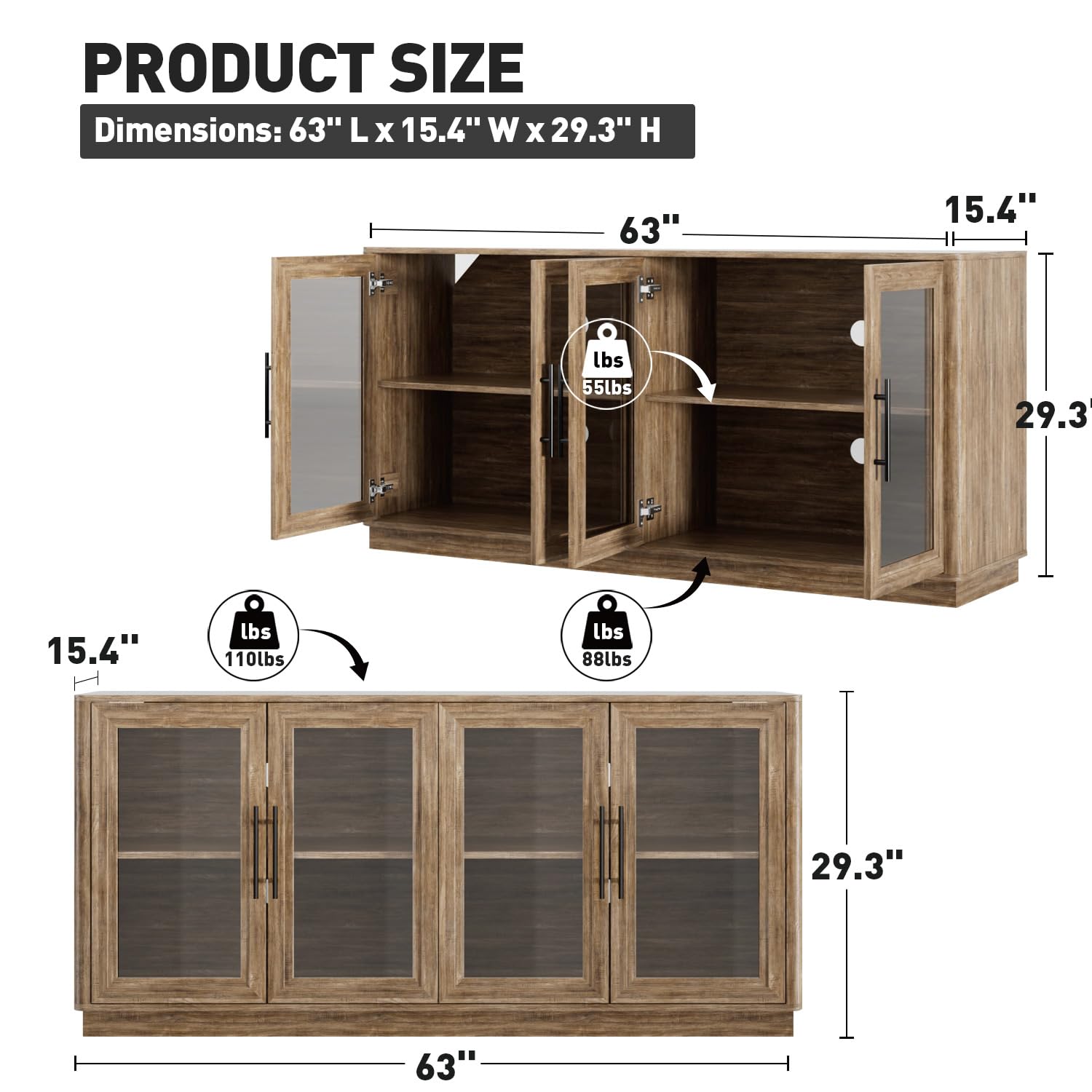 63" Buffet Cabinet with Glass Doors