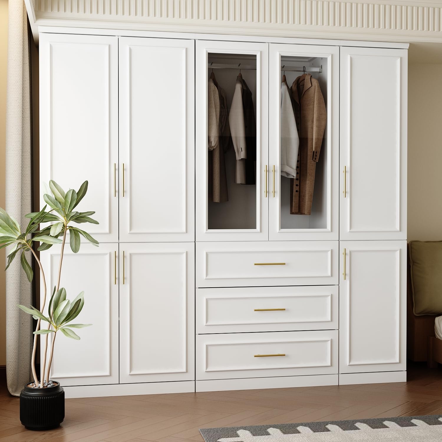 Modern White Wardrobe Closet with Doors and Gold Handles