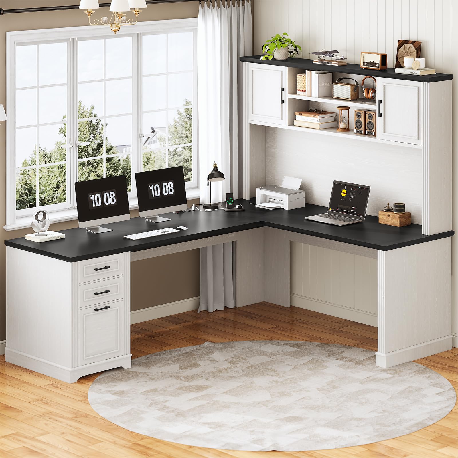 L-Shaped Desk with Hutch and Storage Shelves