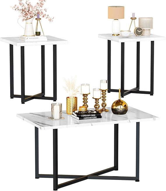 3-Piece Industrial Coffee Table Set with Square End Tables
