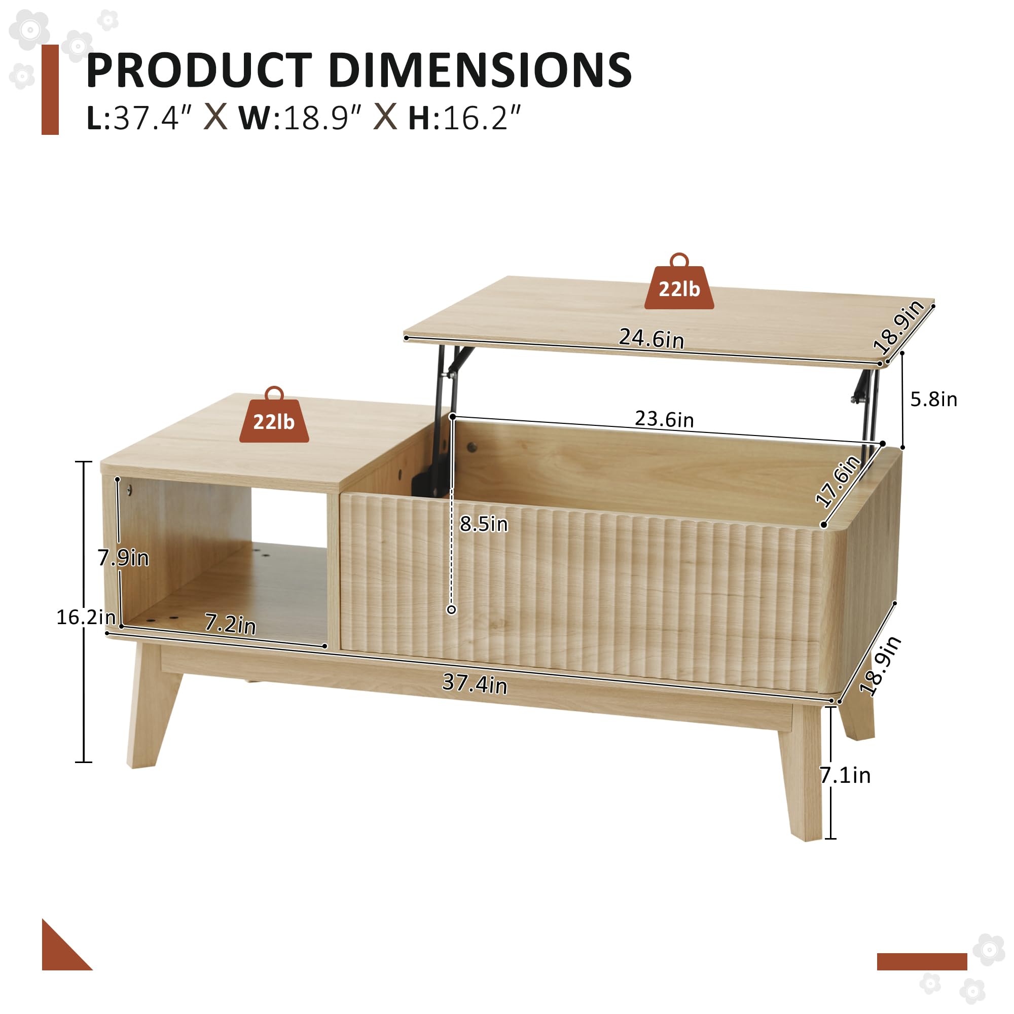 Fluted Lift Top Coffee Table with Storage