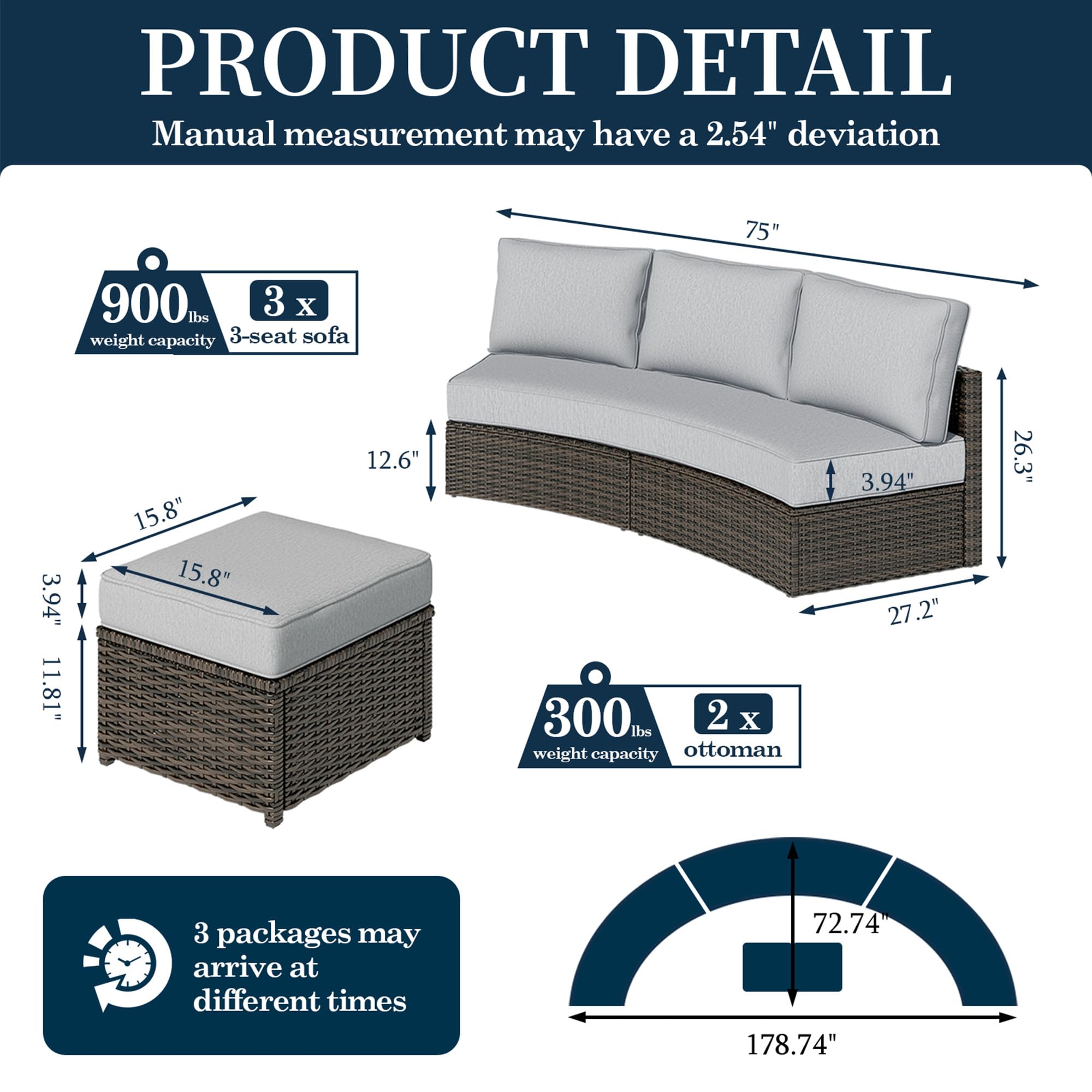 11 Piece Half Moon Outdoor Patio Furniture Set with Cushions and Ottoman