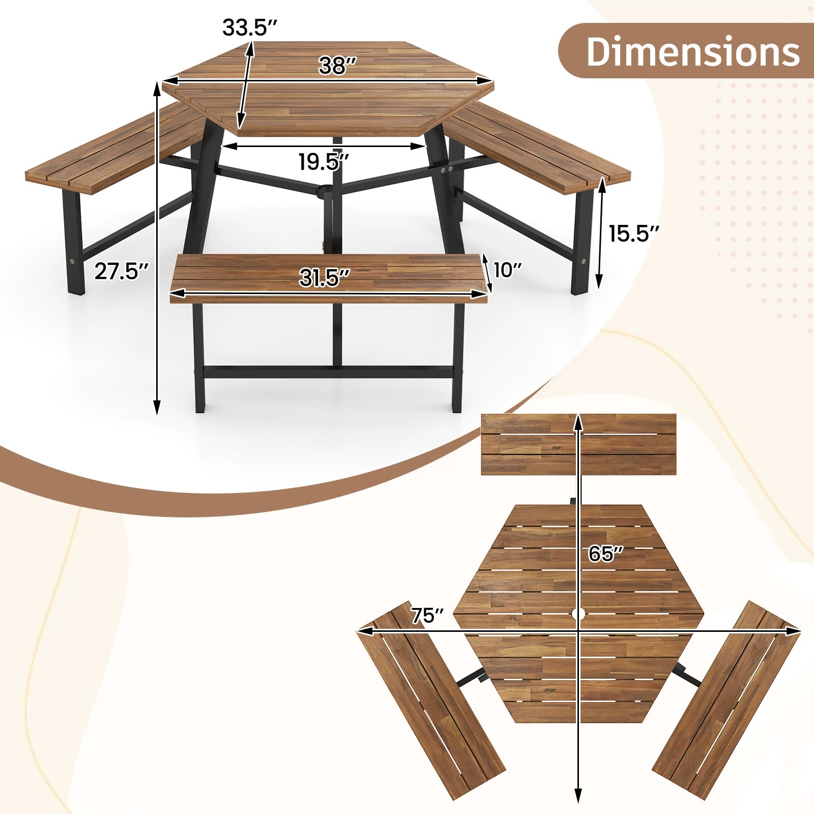 Hexagonal Picnic Table with Benches