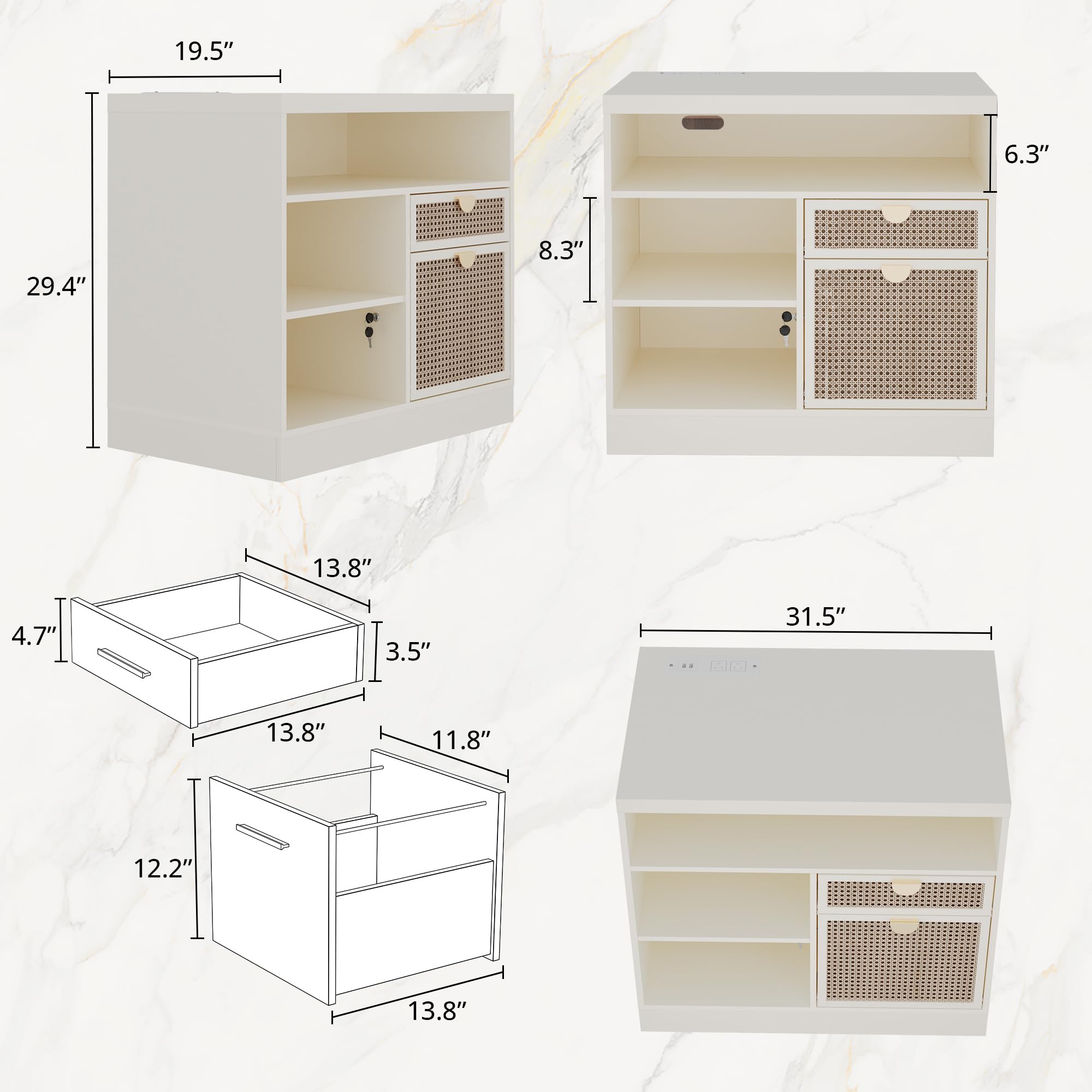 Lateral File Cabinet 2 Drawer with Lock and Power Strip