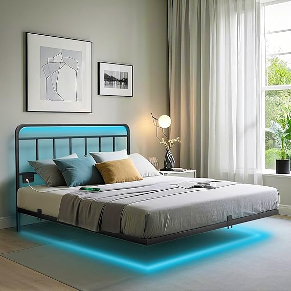 Floating Full Size Platform Bed Frame with LED Lights & Charging Station