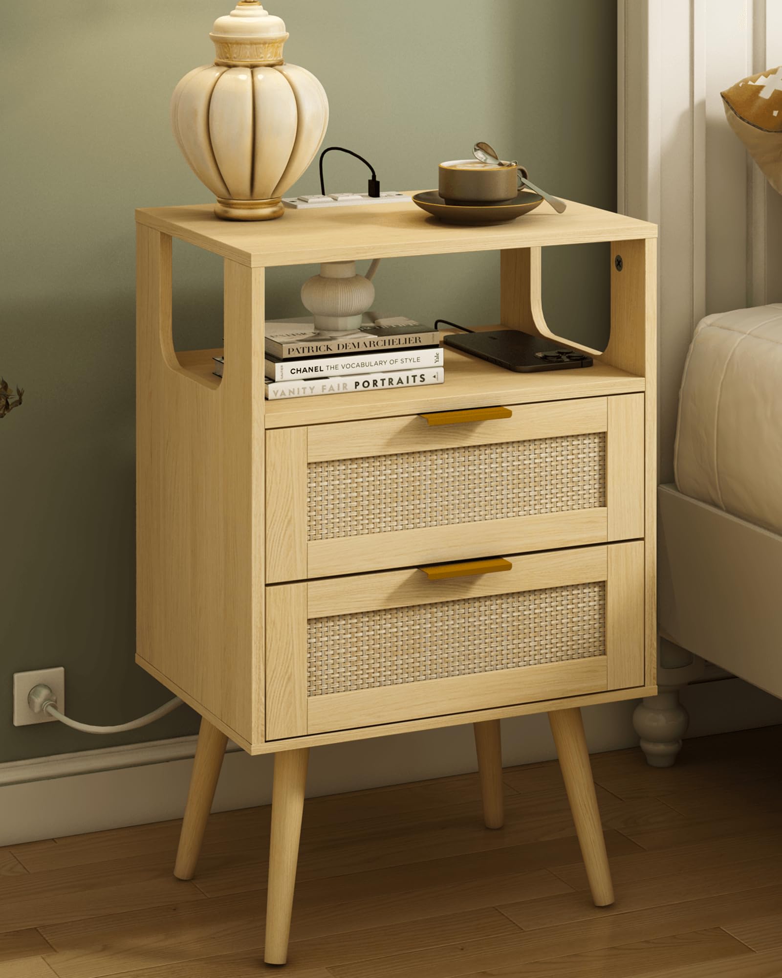 Rattan Nightstand with Charging Station