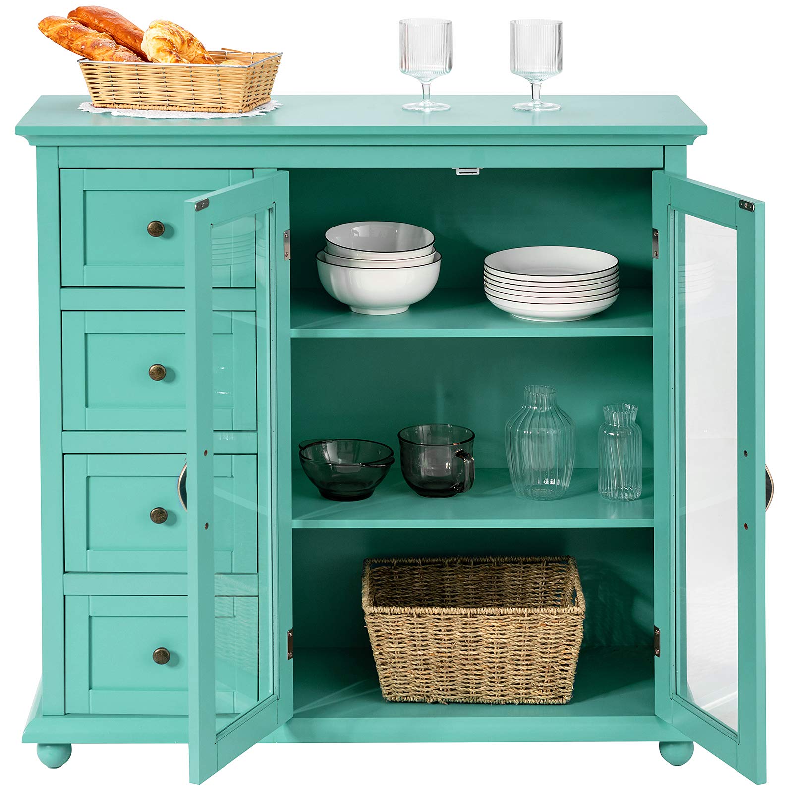 Buffet Sideboard with 4 Drawers and Glass Doors