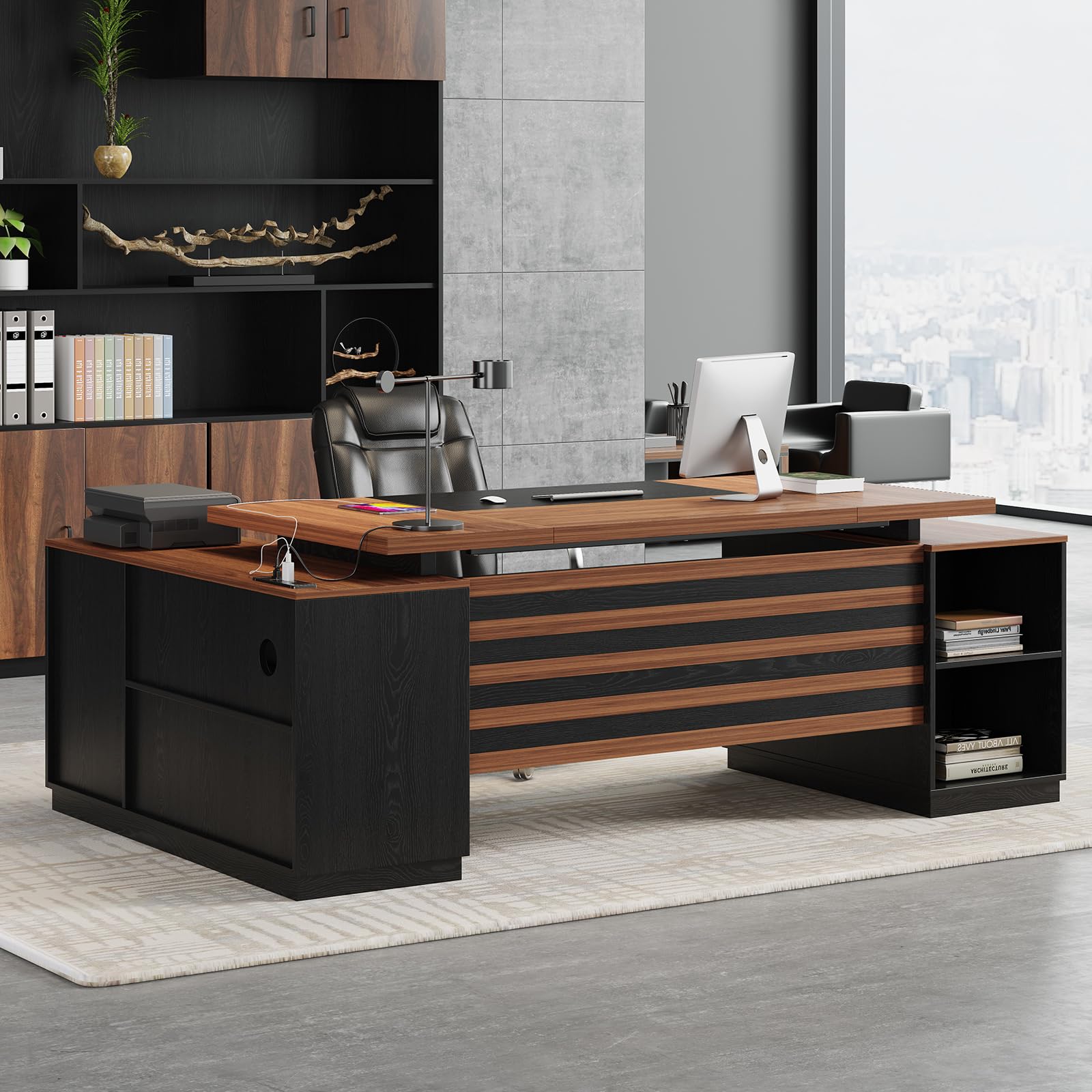 78" L-Shaped Executive Desk with Power Outlets & Storage
