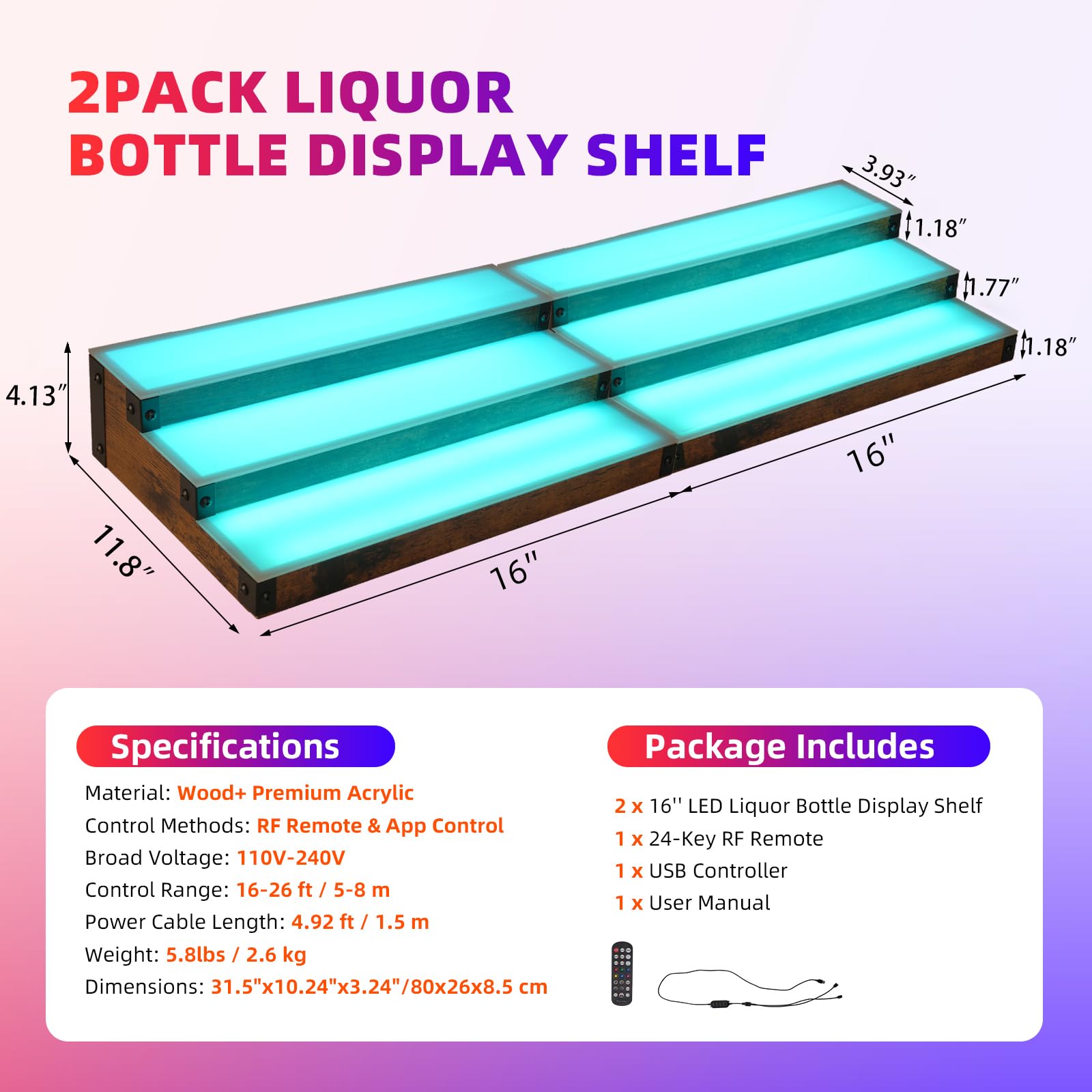 LED Lighted Liquor Display Shelf 3-Tier 32 Inch