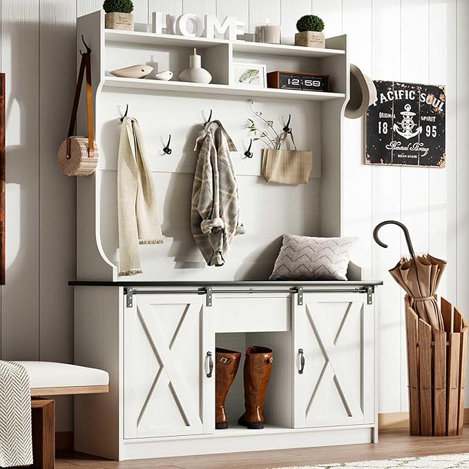 Farmhouse Hall Tree with Bench and Sliding Barn Doors