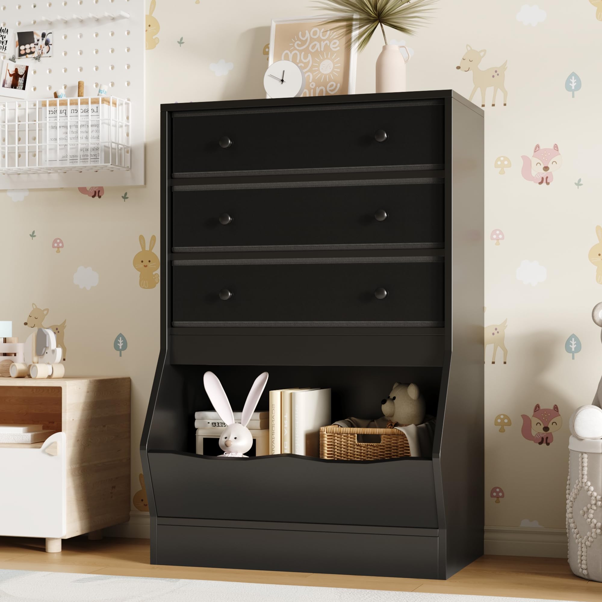 Toy Storage Organizer with Open Cube and Fabric Drawers