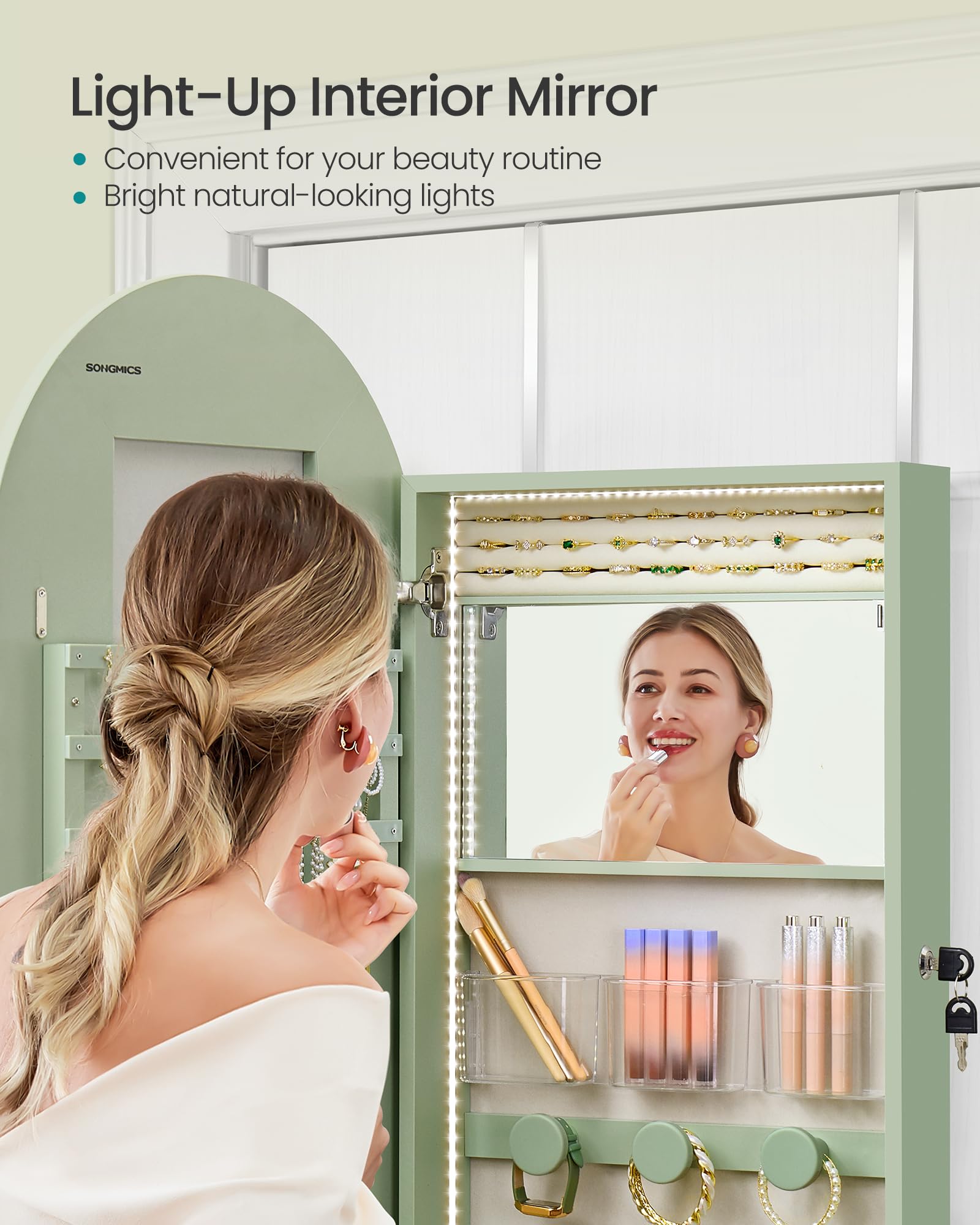 Wide LED Jewelry Cabinet with Arched Mirror