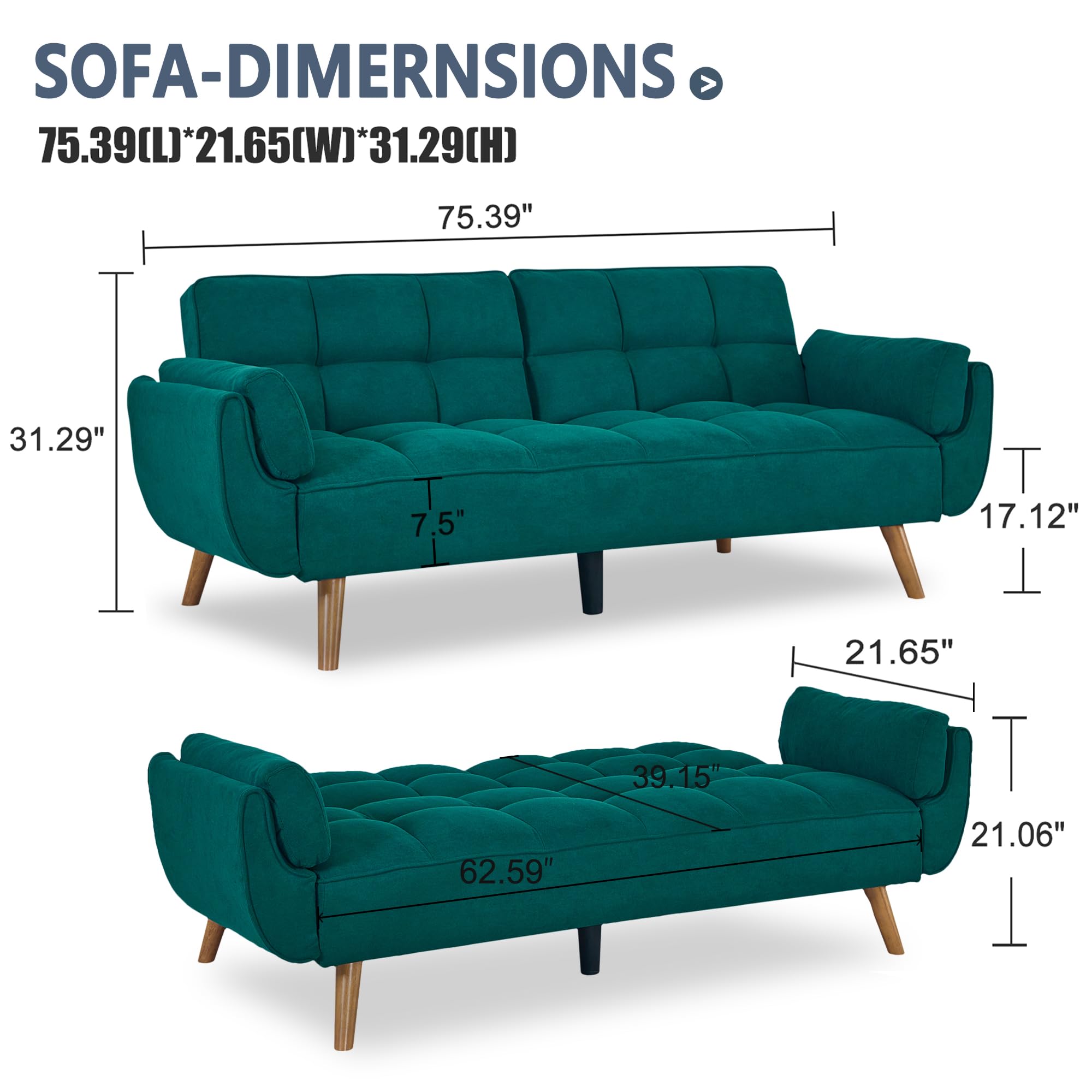Convertible Futon Sofa Bed with Adjustable Backrest