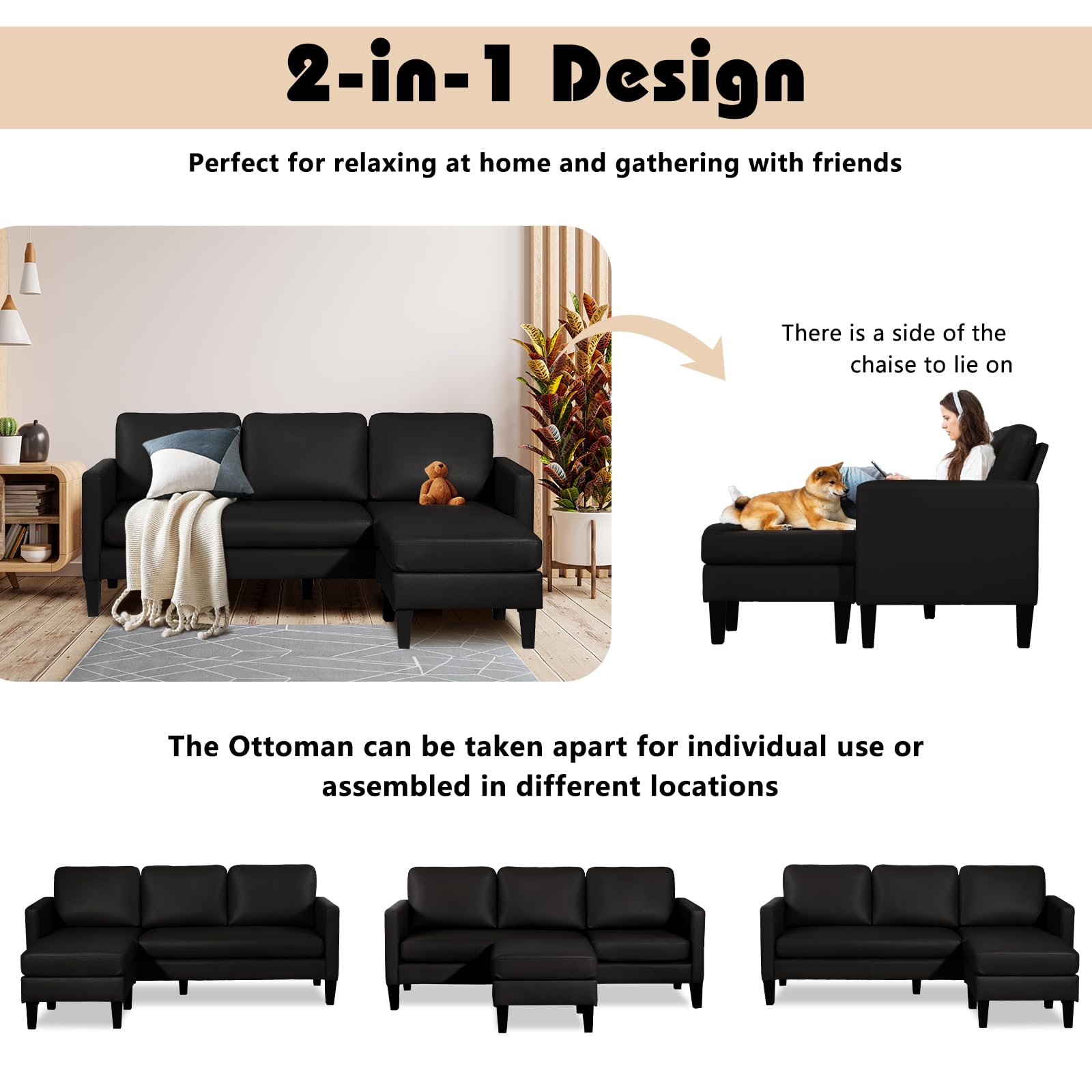 Faux Leather L-Shaped Sectional Sofa with Reversible Chaise