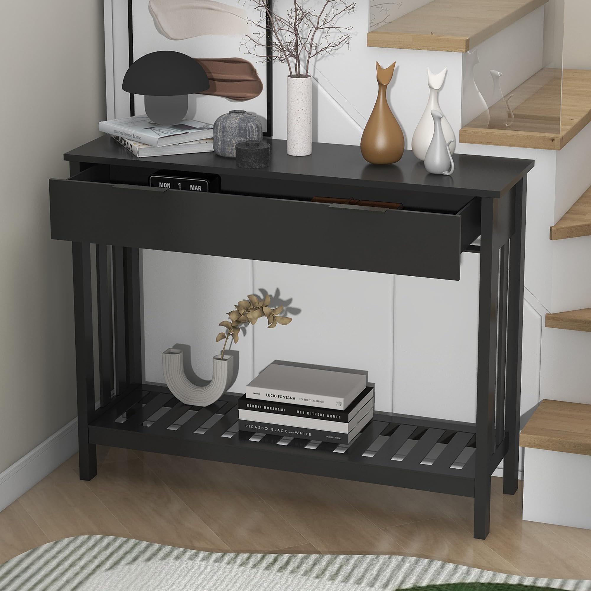 Black Entryway Console Table with Drawer and Storage