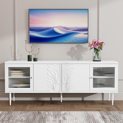 TV Stand with 3D Floral Pattern and Glass Doors