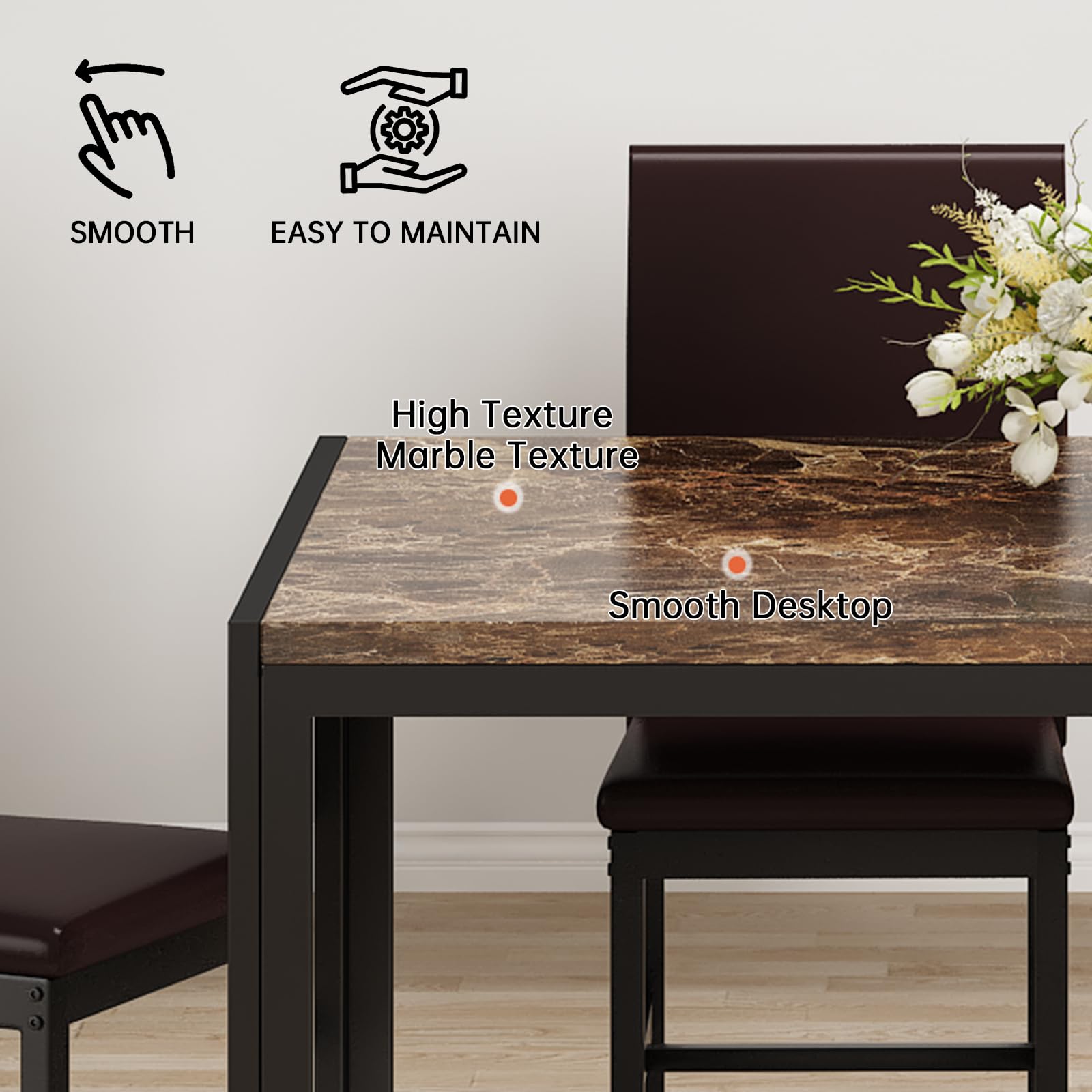 4-Piece Faux Marble Dining Table Set with PU Leather Chairs