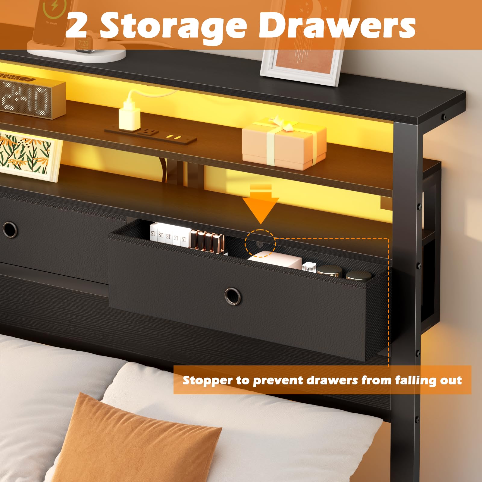 Twin Platform Bed with LED Lights and Charging Station