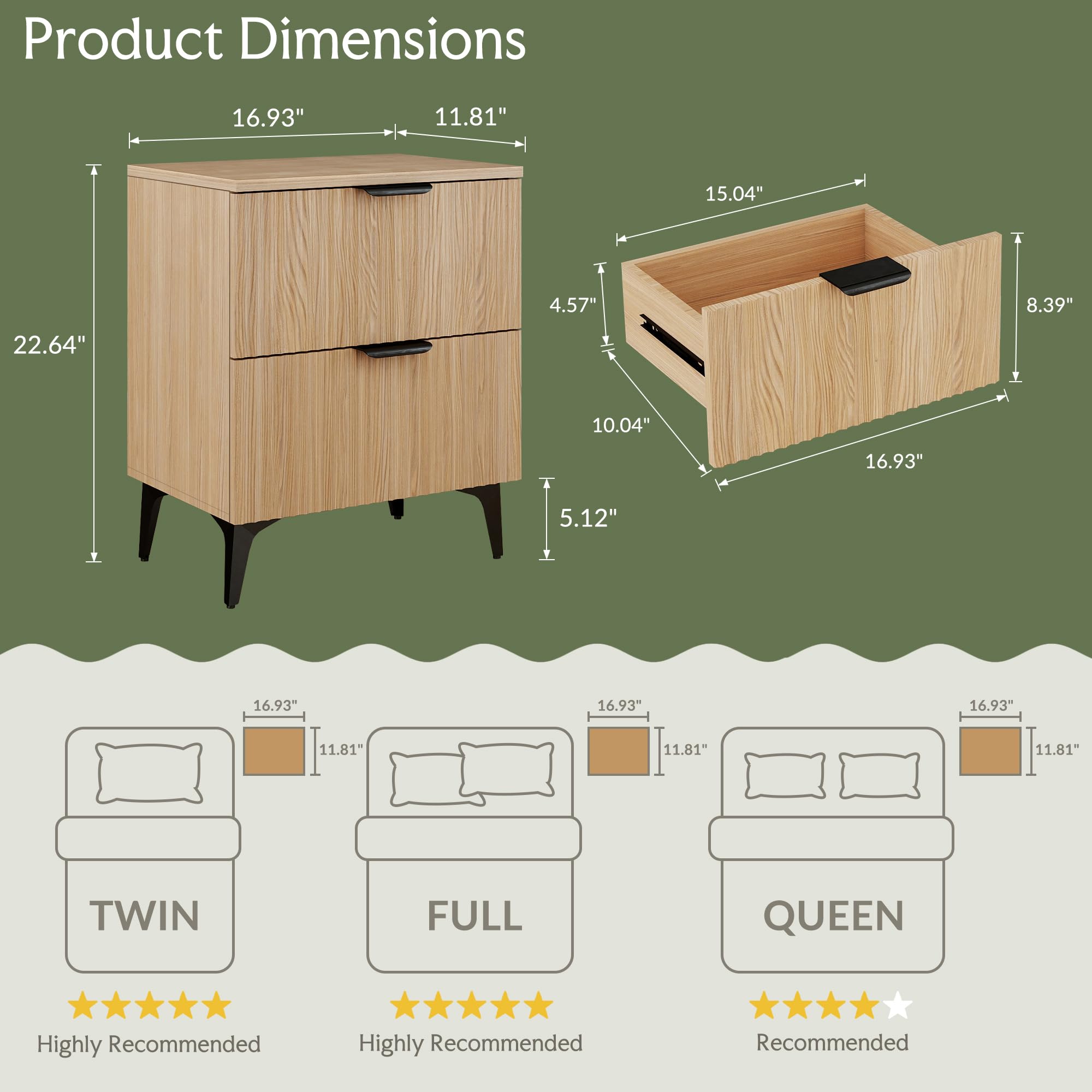 GRAINLLE Wood Night Stand Set 2 Fluted Dresser for Bedroom 2 Drawers End Tables Nightstands Set of 2, Storage Modern Bedside Table Set of 2, Oak Nightstand