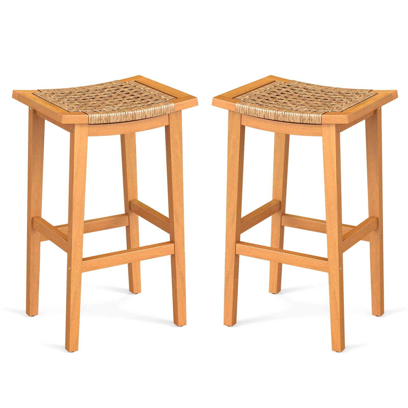 Outdoor Wooden Bar Stools Set of 2, 29" Backless with PE Rattan Saddle Seat