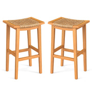 Outdoor Wooden Bar Stools Set of 2, 29" Backless with PE Rattan Saddle Seat
